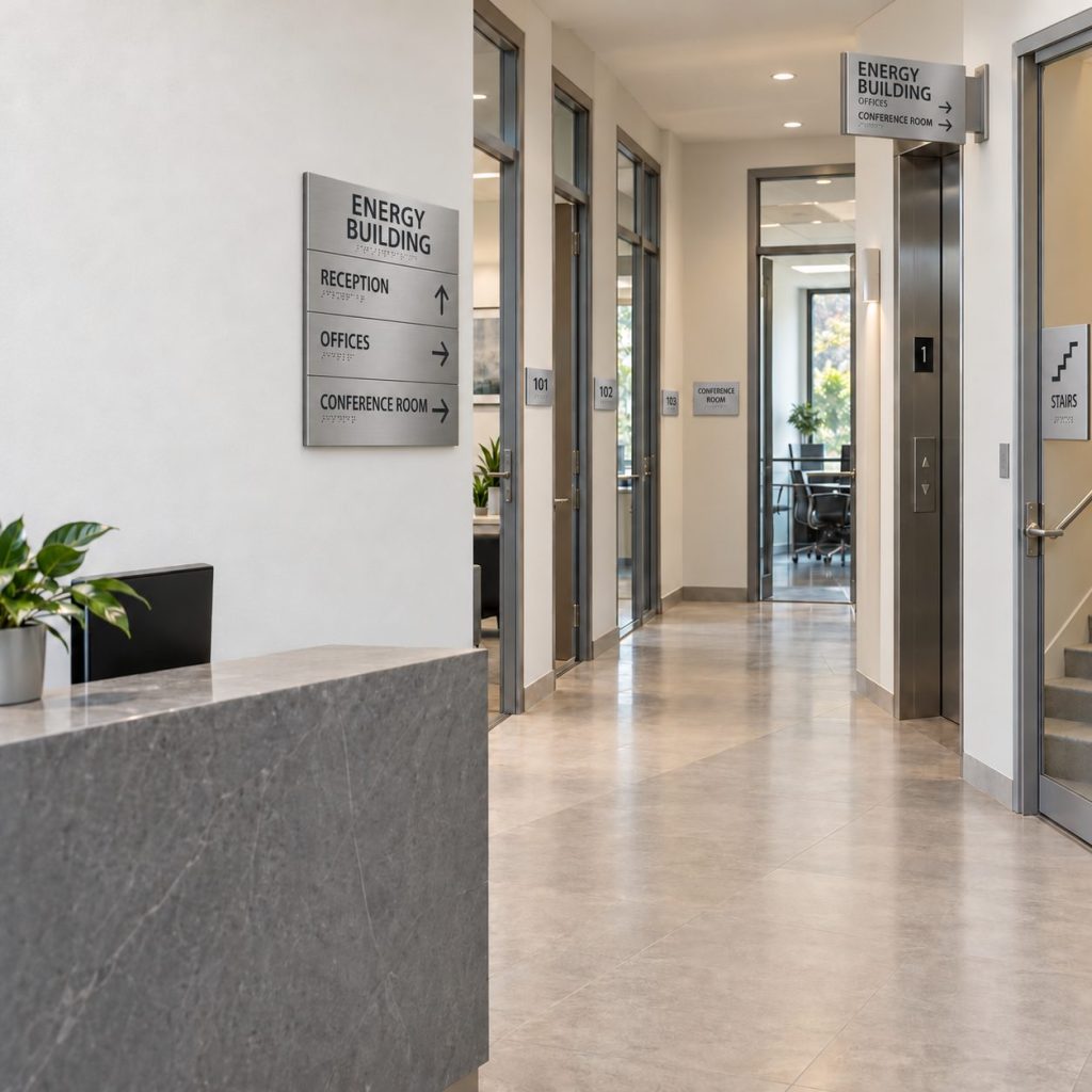 ADA wayfinding signage in an office building lobby