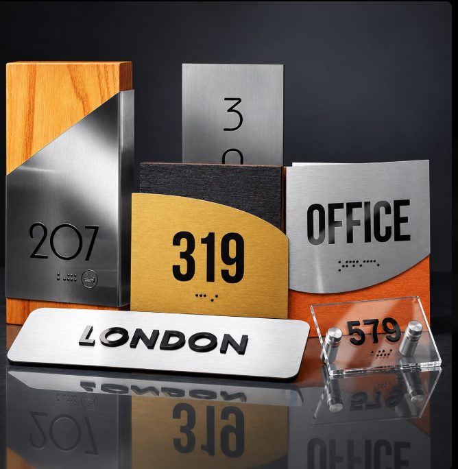 Collection of ADA room signs in wood, brass and brushed metal with braille