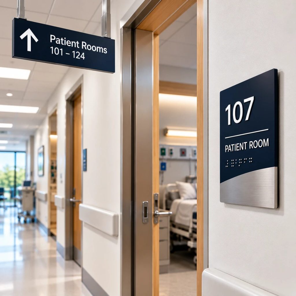 ADA Patient Room 107 sign with braille and a hanging directional sign in a hospital corridor