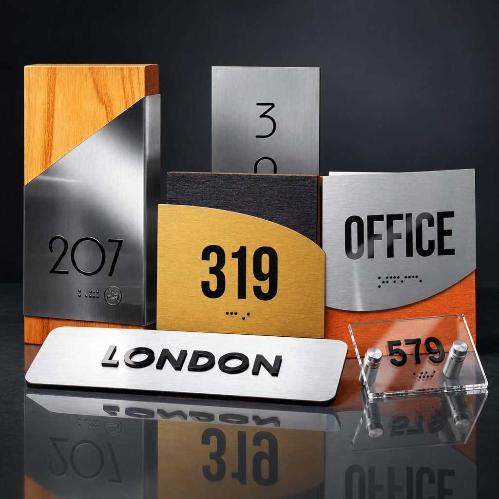 Collection of wood and metal ADA signs