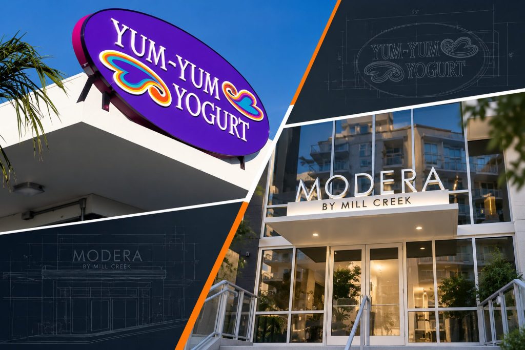 Collage of blade and freestanding signs including Yum-Yum Yogurt and Modera
