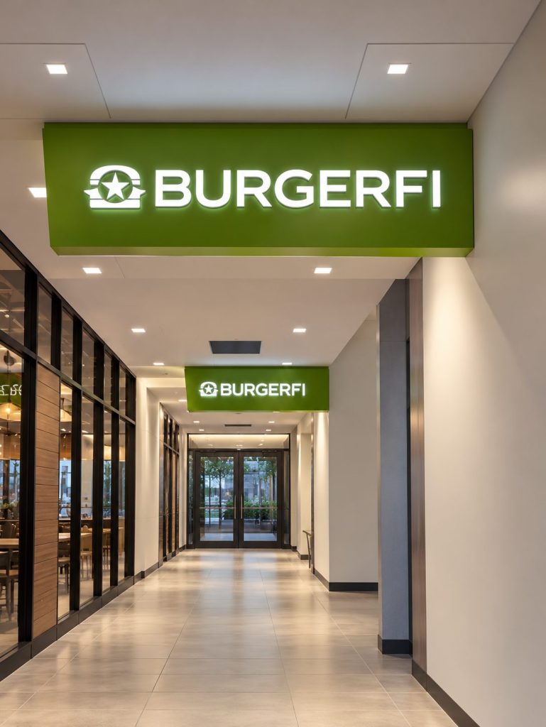 Illuminated BurgerFi blade sign in a mall corridor