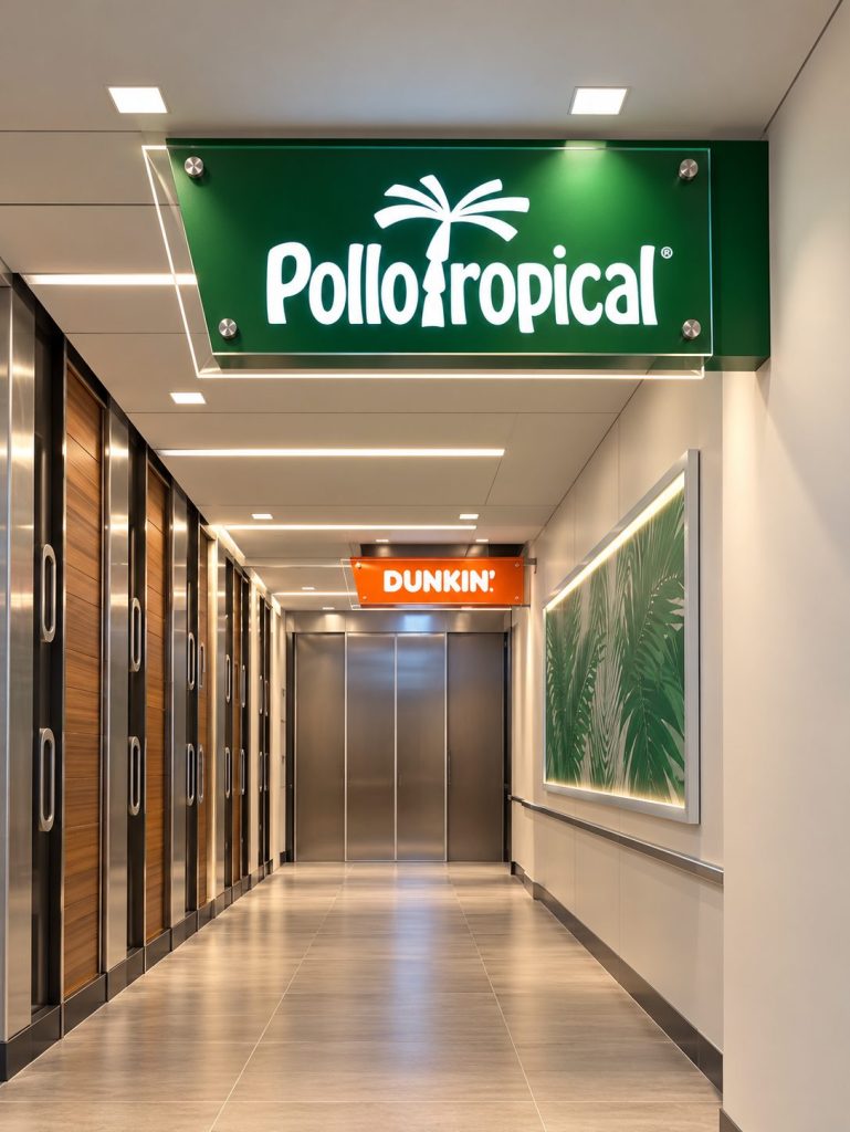 Illuminated Pollo Tropical blade sign in a corridor
