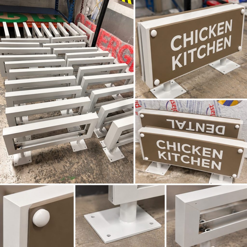 Wayfinding blade sign frames in the AMS shop
