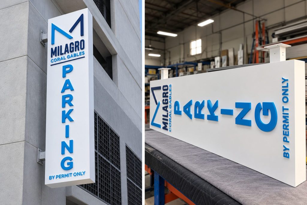 Milagro parking blade sign, from the AMS shop to the installed structure