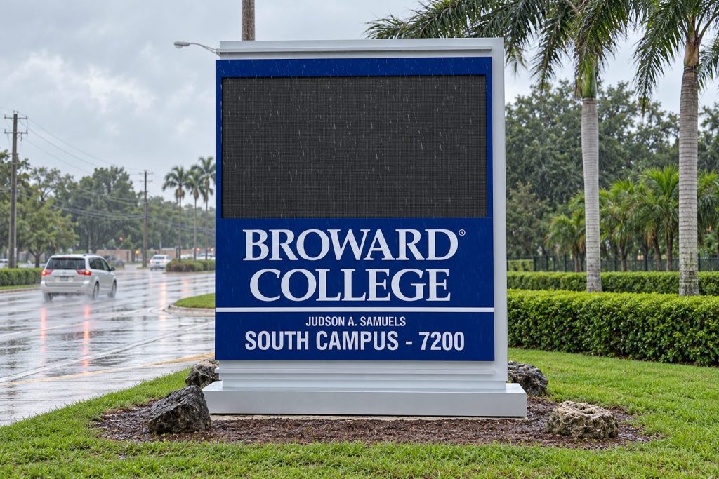 Broward College South Campus sign in the rain