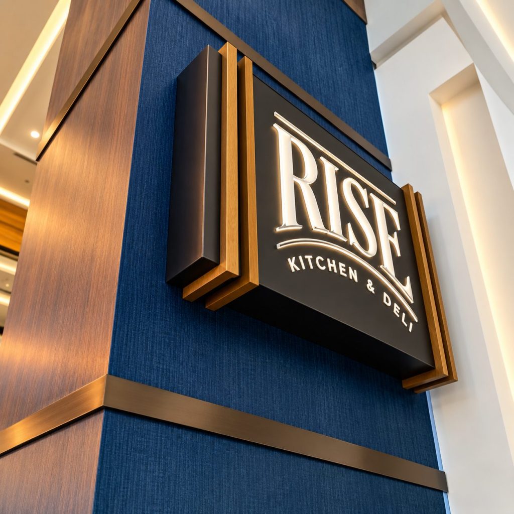 Backlit Rise Kitchen & Deli sign with push-through letters