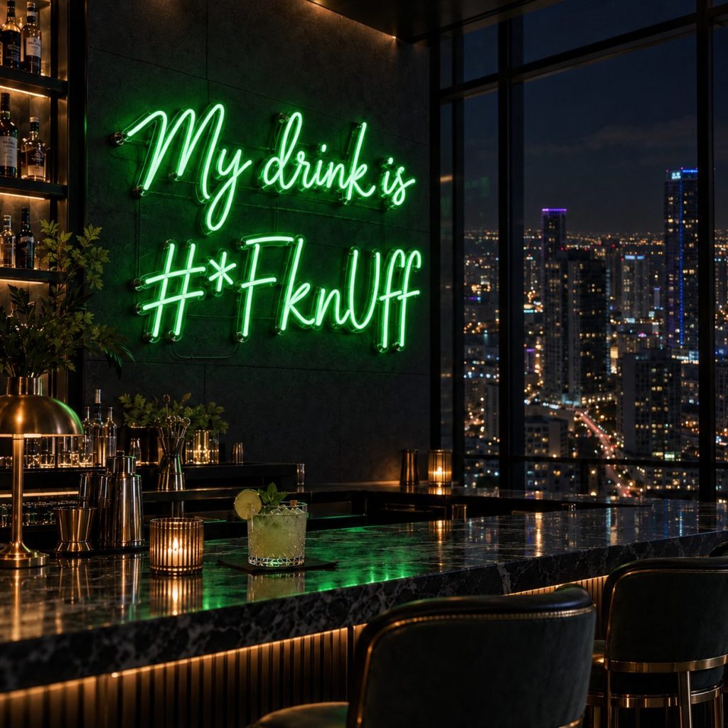 Green neon sign in a high-rise bar