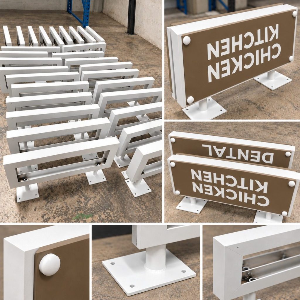 Ceiling-mounted blade signs for shops along a walkway