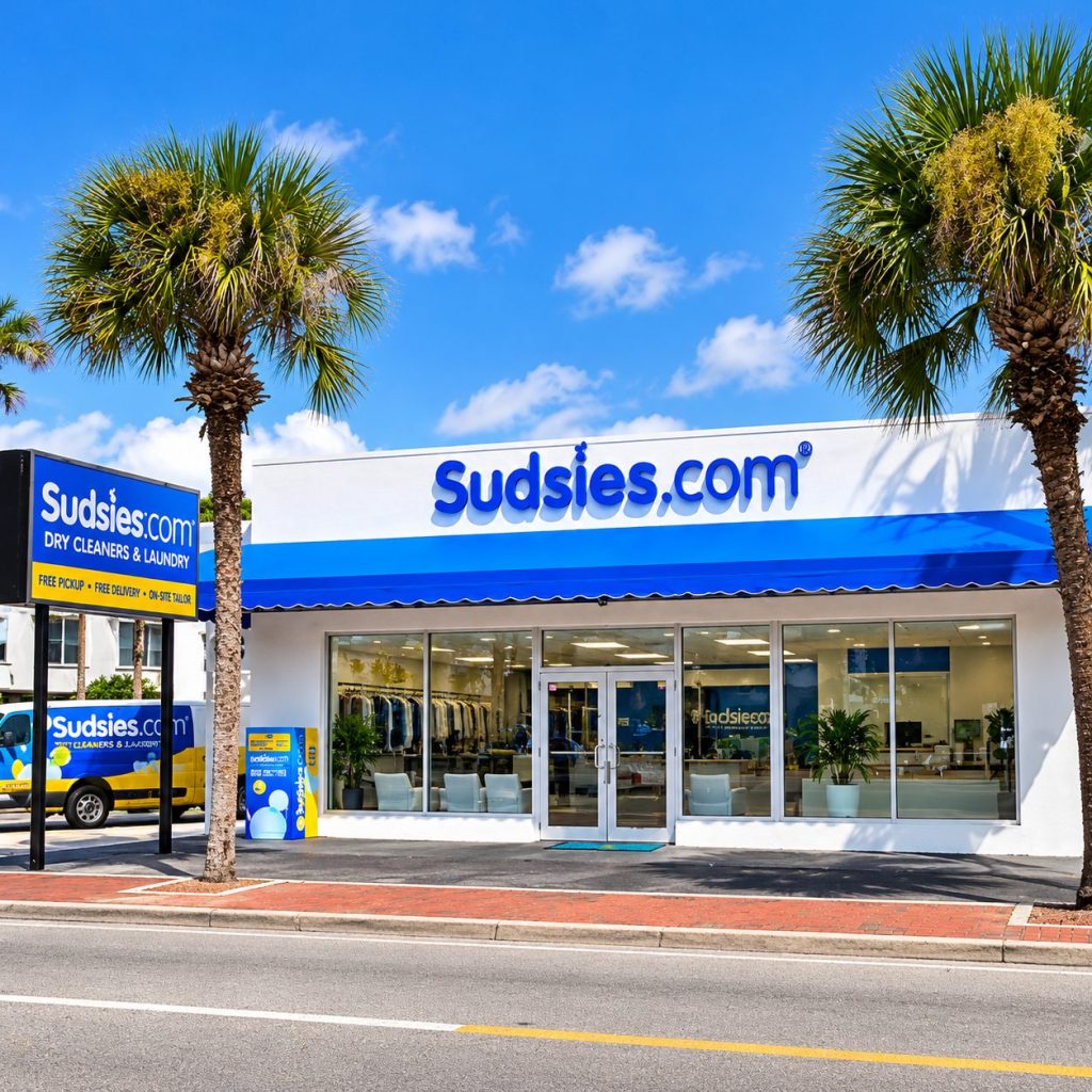 Sudsies storefront with channel letters and a monument sign