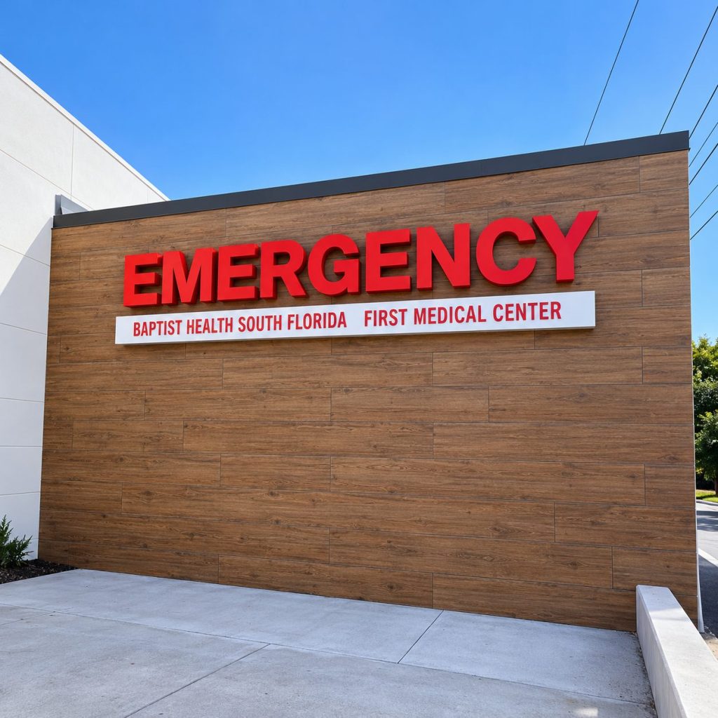Emergency entrance with channel letters and a cabinet sign