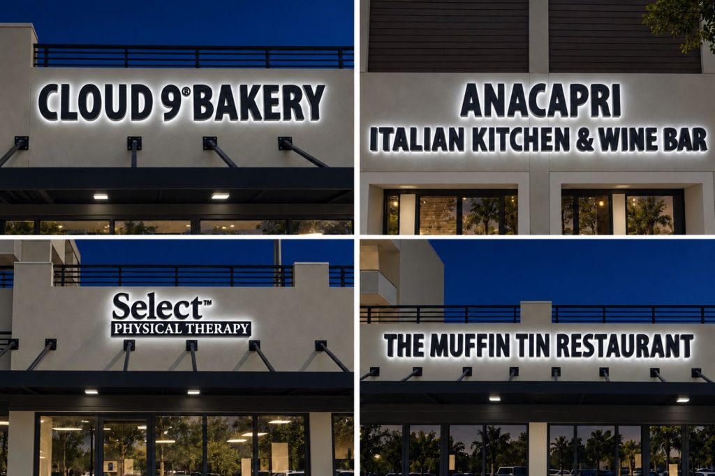 Illuminated channel letters on retail storefronts at night
