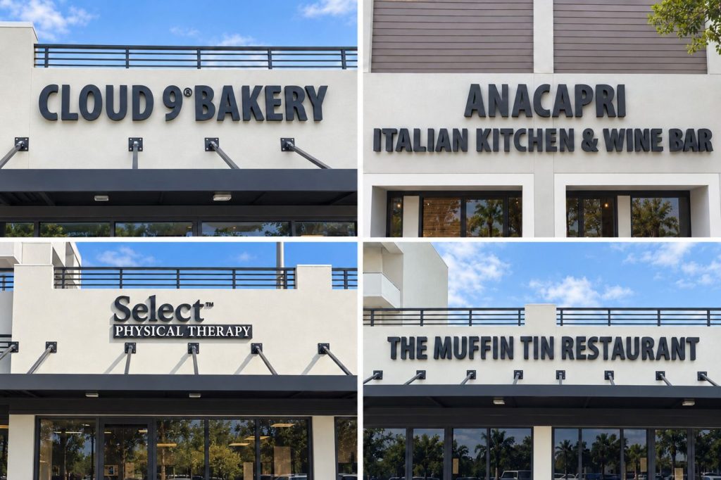 Collage of tenant channel letter signs in daylight