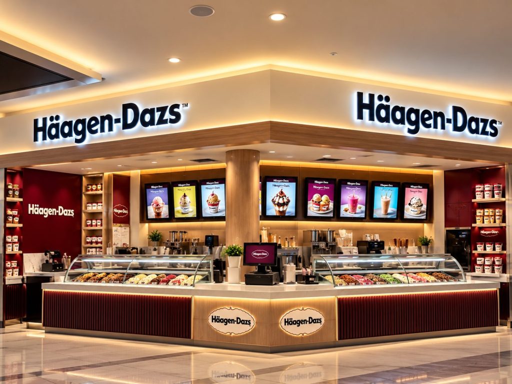 Häagen-Dazs ice cream kiosk with illuminated channel letters