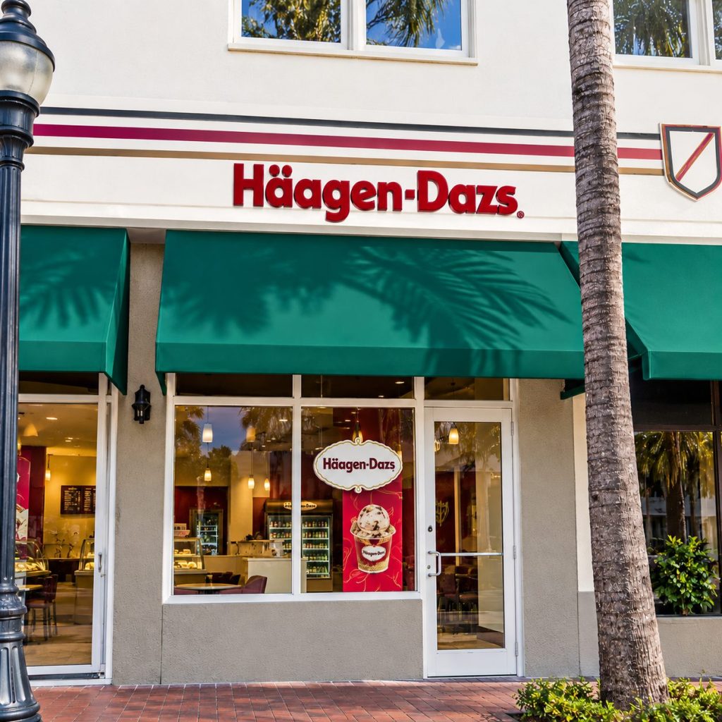 Häagen-Dazs storefront with channel letters in afternoon light