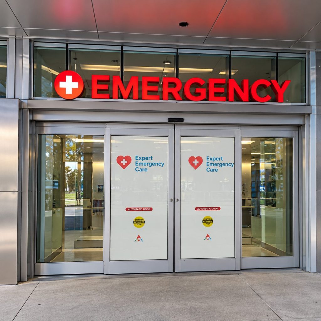 Emergency entrance with illuminated red channel letters
