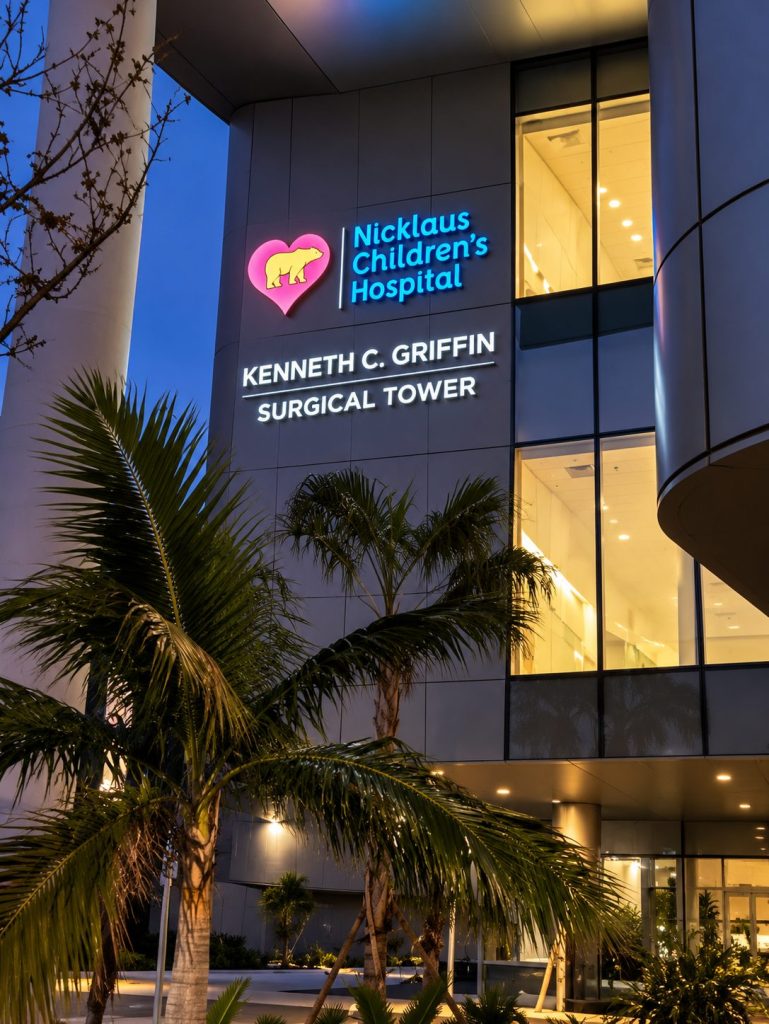 Nicklaus Children's Hospital channel letters on the Kenneth C. Griffin Surgical Tower