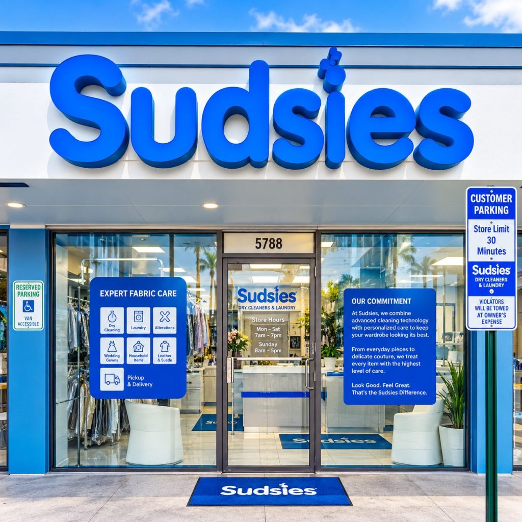 Sudsies blue and white storefront with channel letters