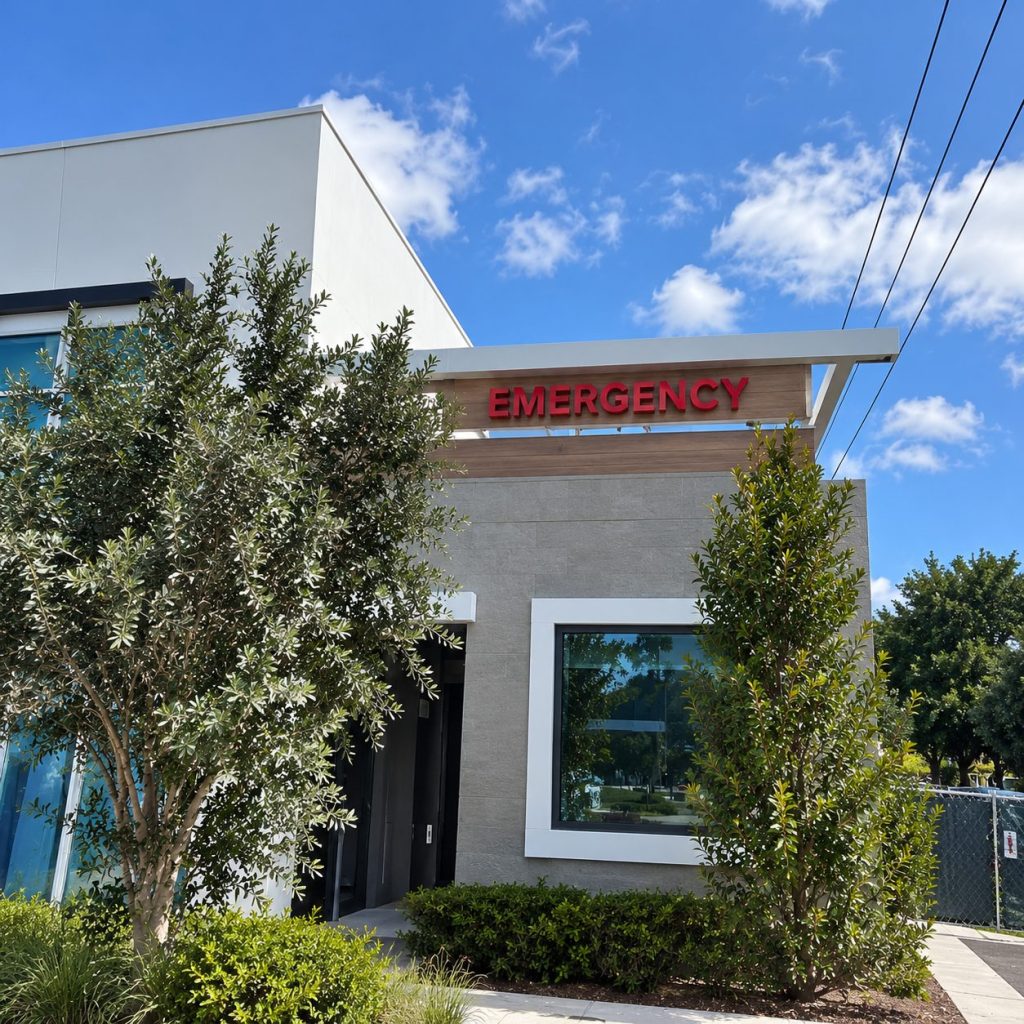 Emergency building with illuminated channel letters and landscaping