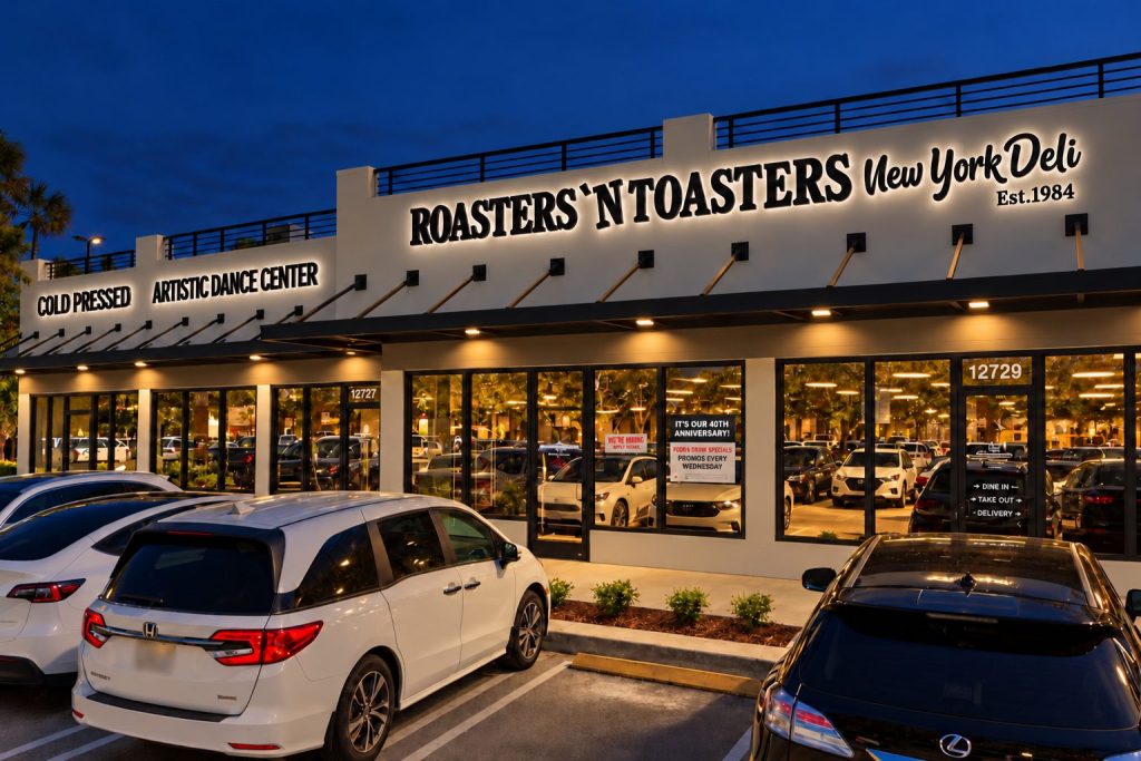 Roasters 'n Toasters retail plaza storefront signs at night