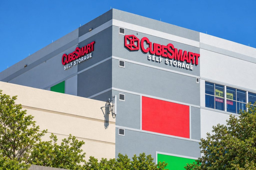 CubeSmart facade with two front-lit channel letter signs