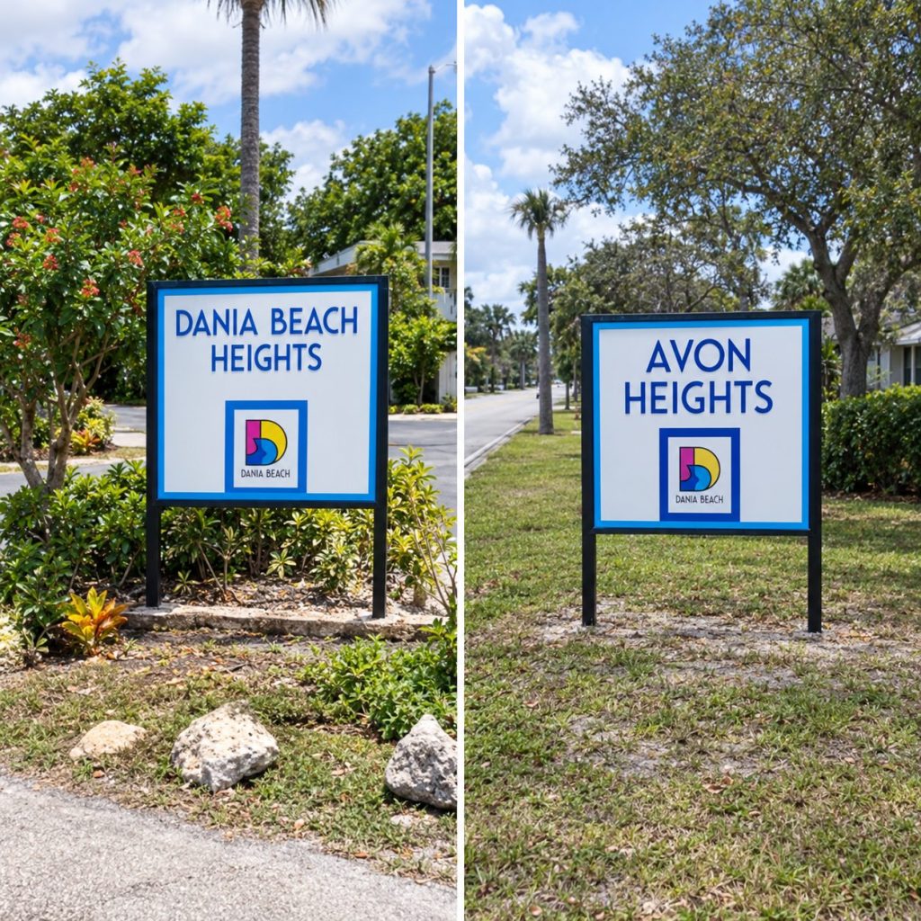 Dania Beach neighborhood signs for Dania Beach Heights and Avon Heights