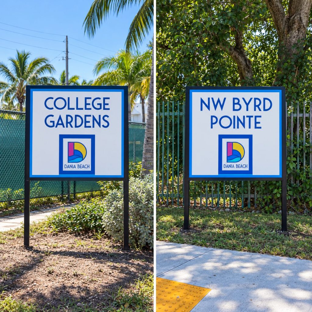 Dania Beach neighborhood signs for College Gardens and NW Byrd Pointe