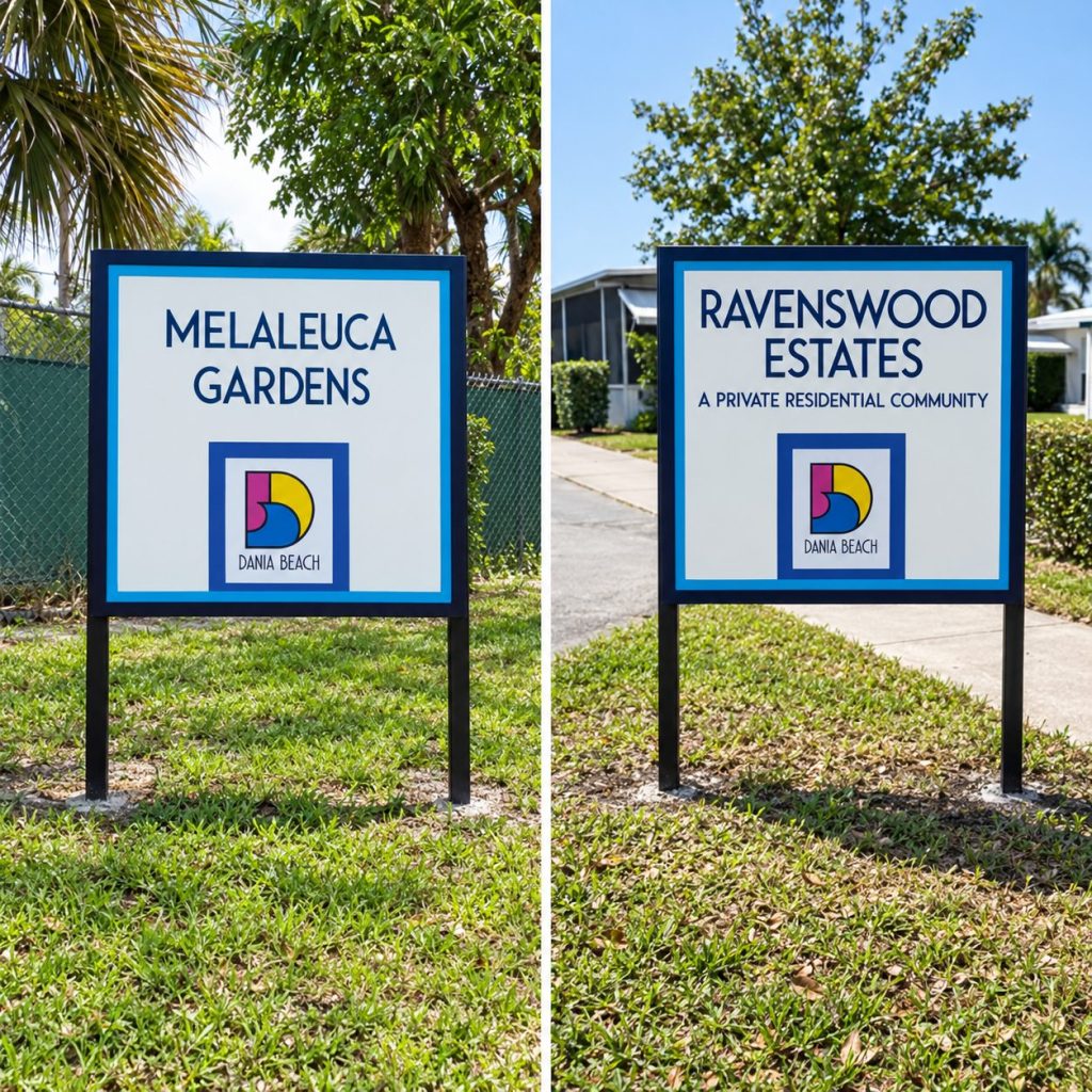 Dania Beach neighborhood signs for Melaleuca Gardens and Ravenswood Estates