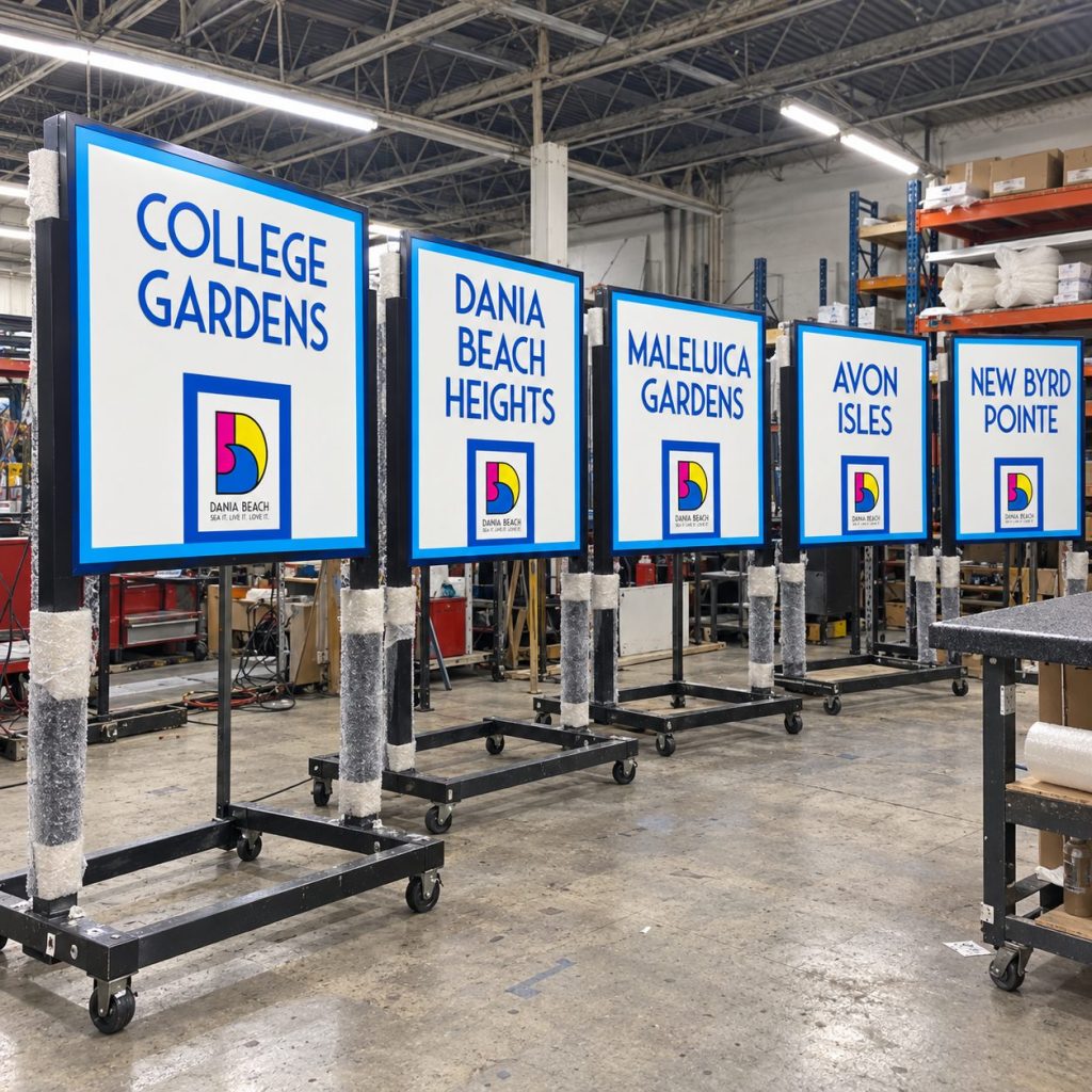 Dania Beach neighborhood signs lined up in the AMS shop