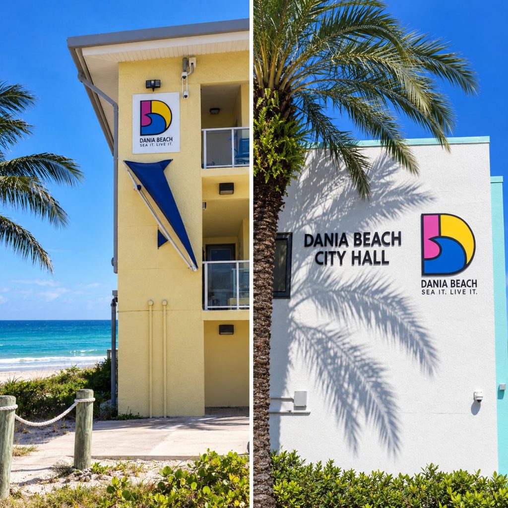 Dania Beach beachfront and City Hall signs