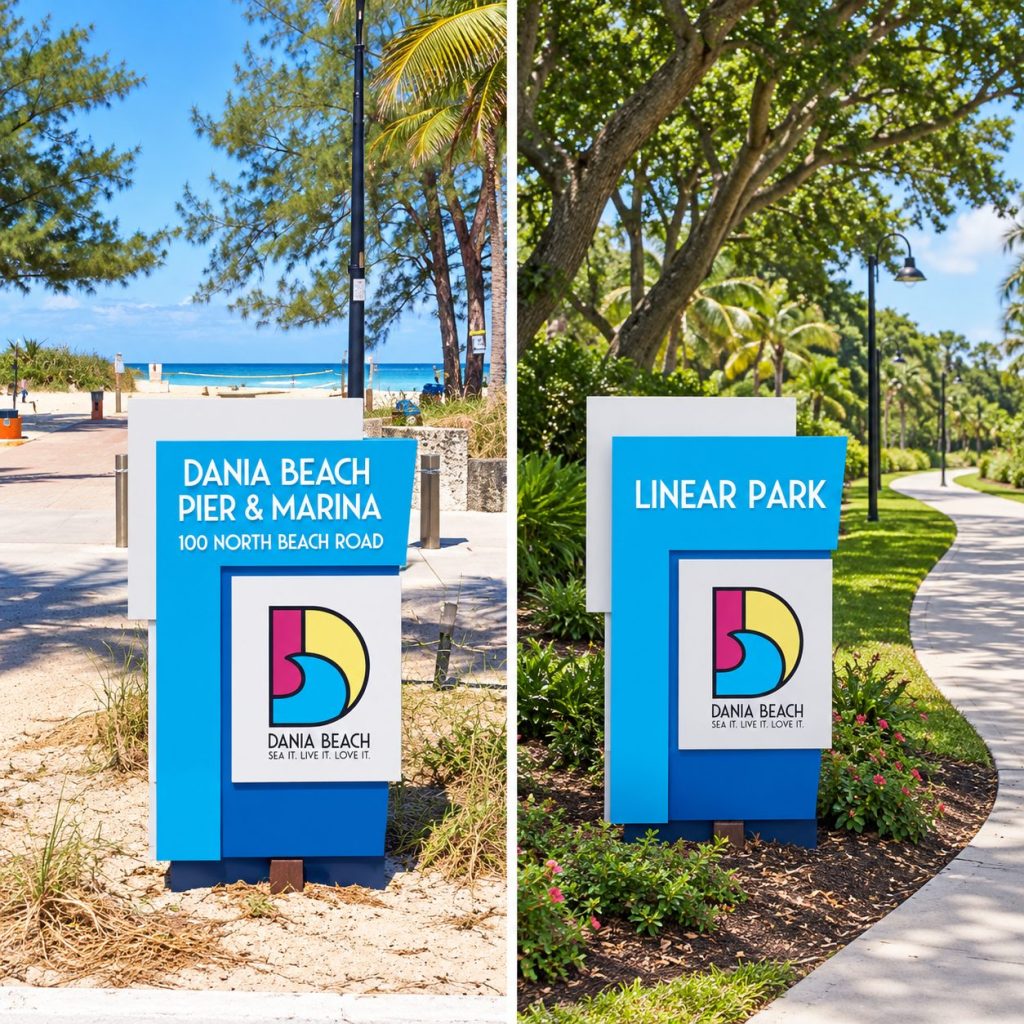 Dania Beach Pier & Marina and Linear Park signs