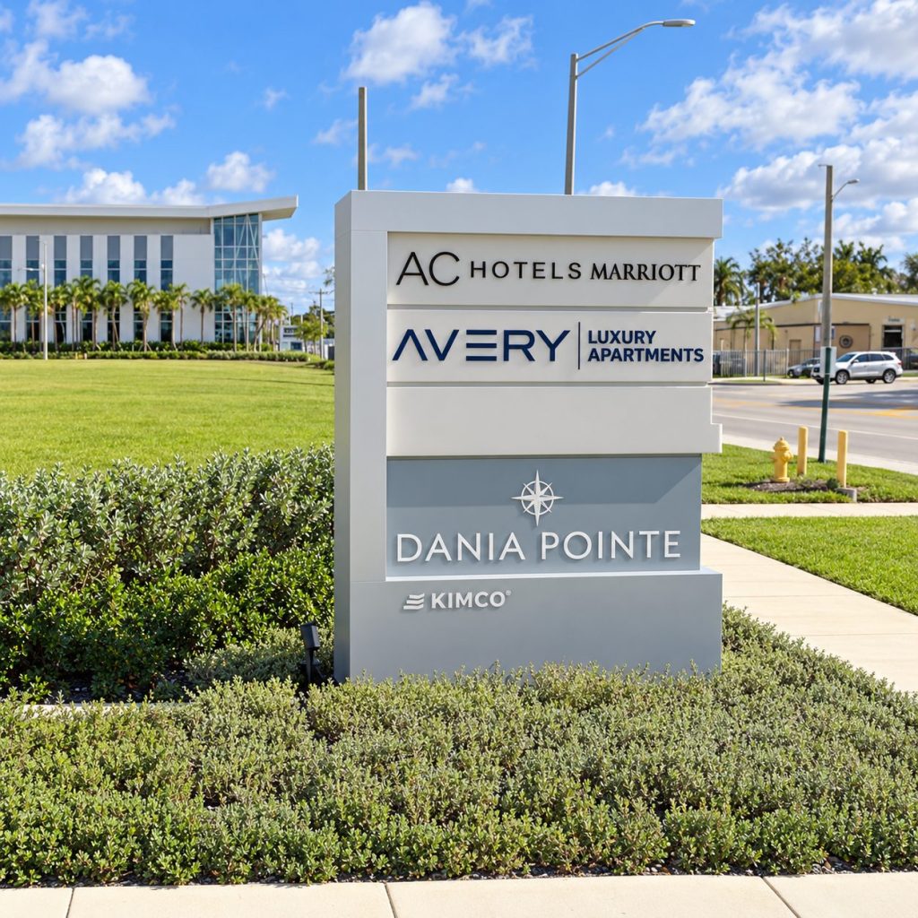 Dania Pointe monument sign with AC Hotels and Avery Luxury Apartments