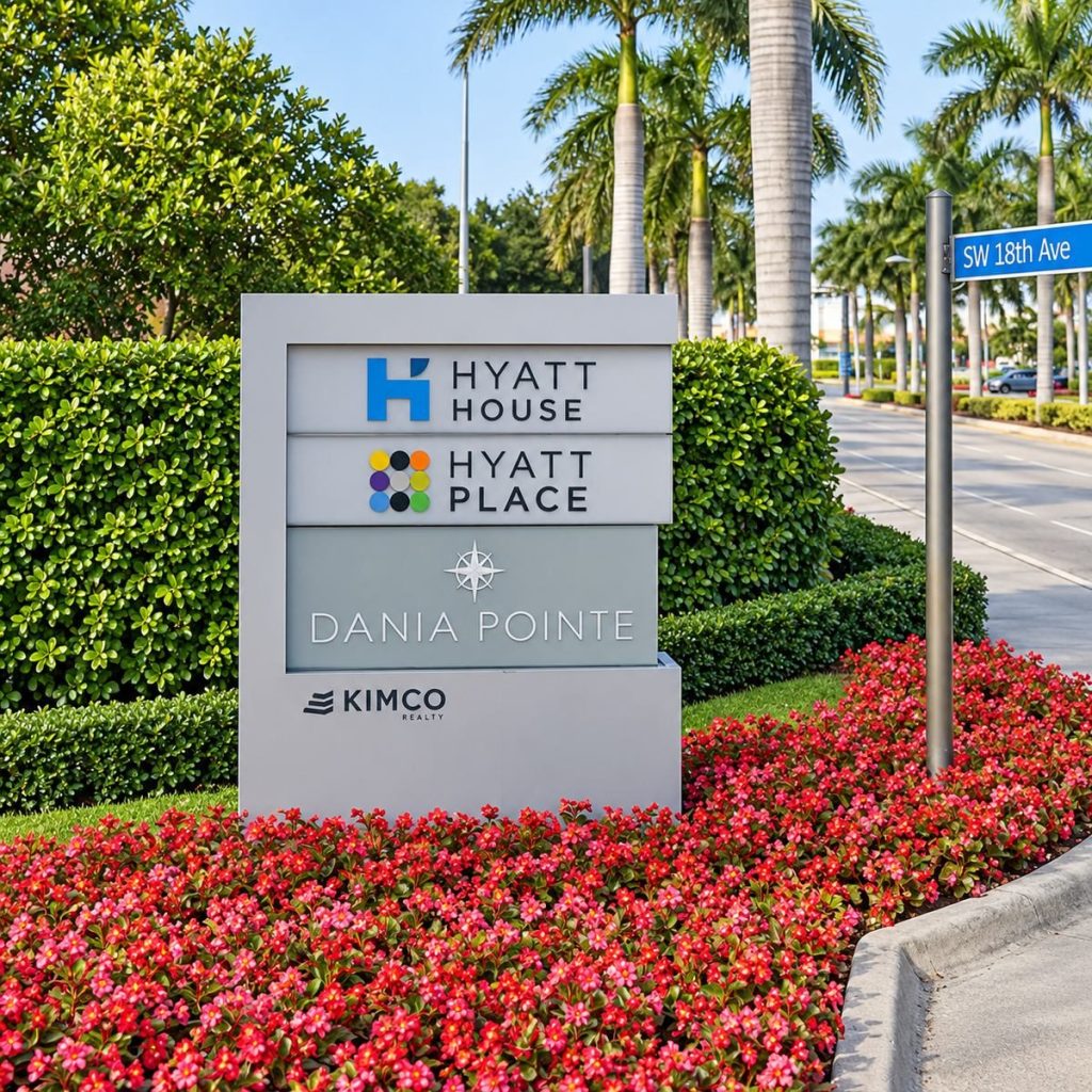 Dania Pointe monument sign with Hyatt House and Hyatt Place panels