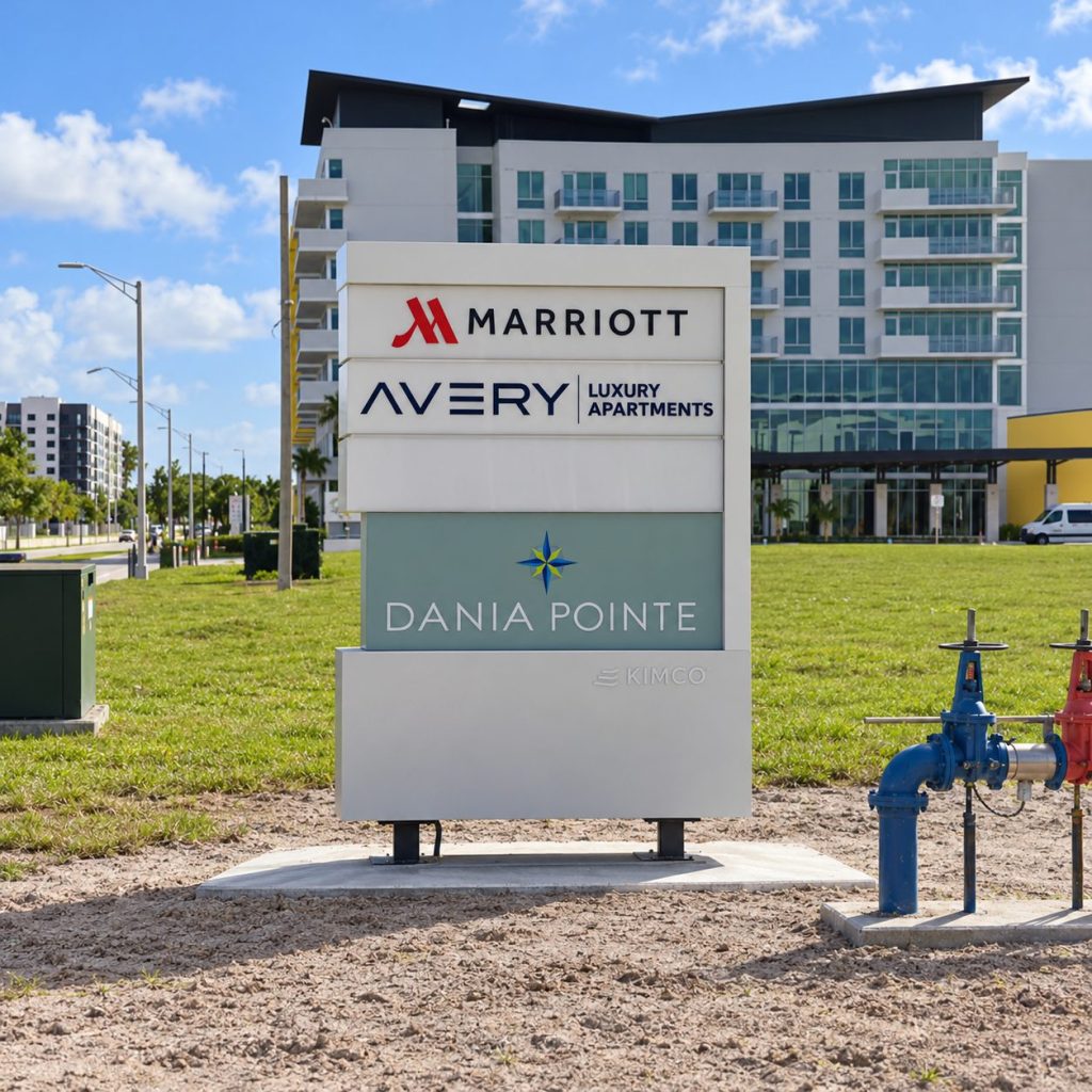 Dania Pointe monument sign with Marriott and Avery Luxury Apartments