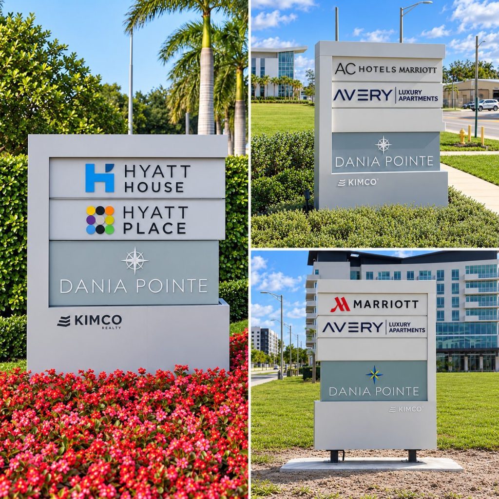 Collage of Dania Pointe monument signs