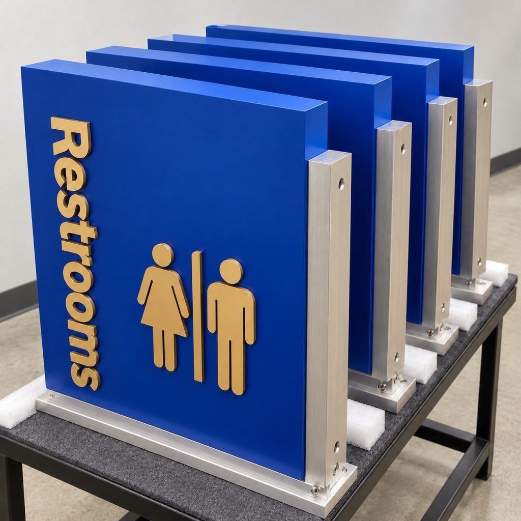 Blue and gold restroom blade signs at Dania Pointe