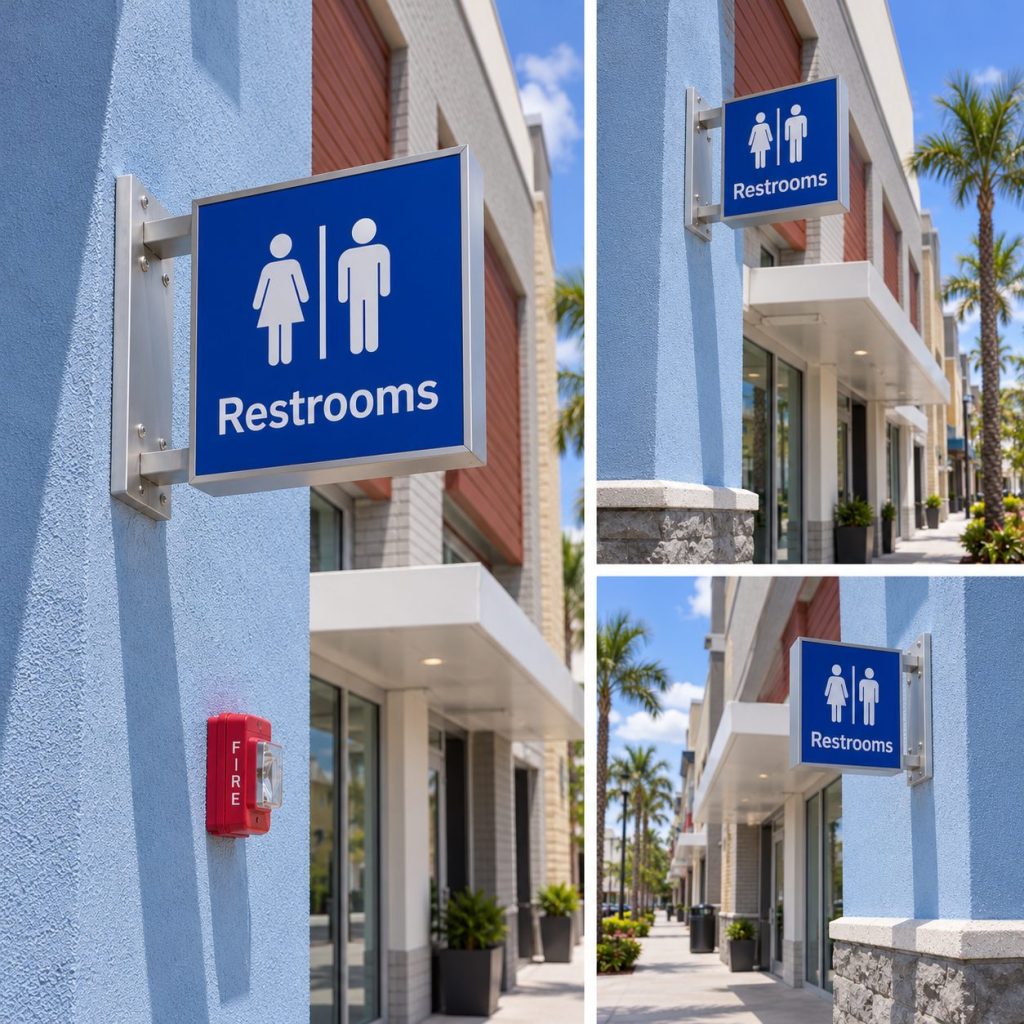 Collage of restroom blade signs at Dania Pointe