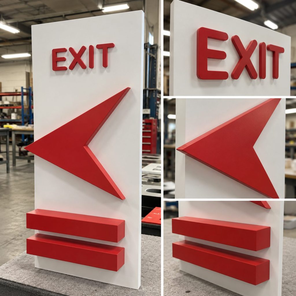 Red 3D EXIT directional sign in the AMS shop