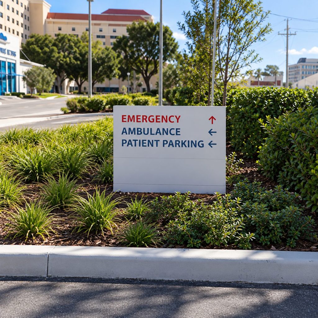 Hospital directional sign in landscaped grounds
