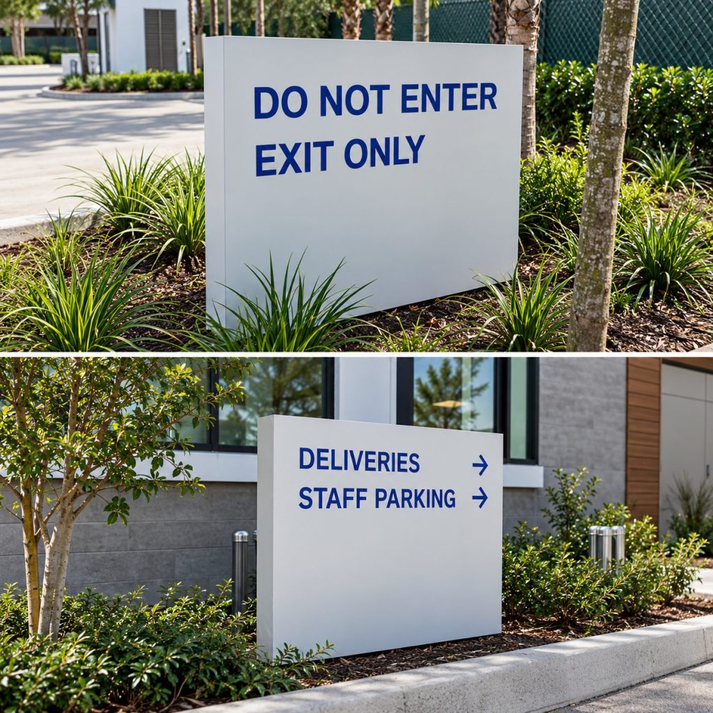 Campus directional signs for deliveries and staff parking