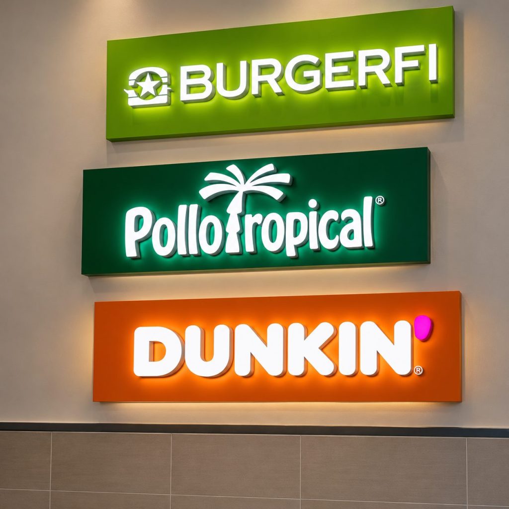 Illuminated BurgerFi, Pollo Tropical and Dunkin' directional signs