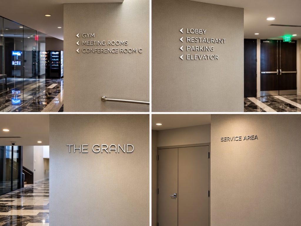Collage of hotel wayfinding signs