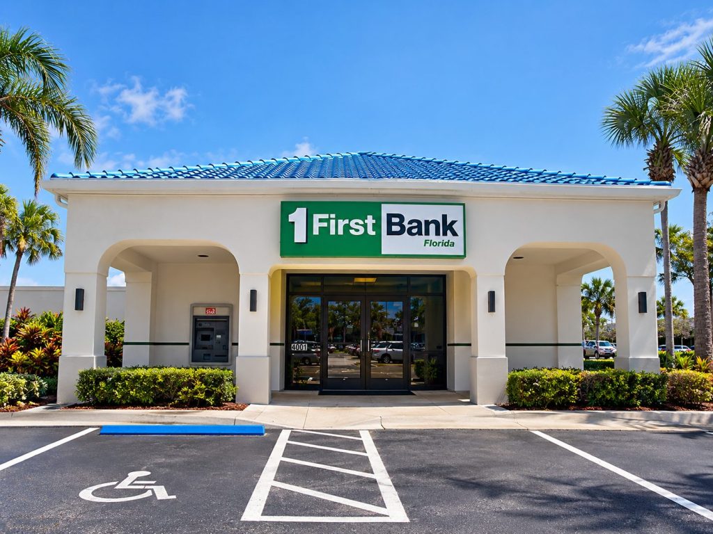 1FirstBank branch exterior with a cabinet sign on a sunny day