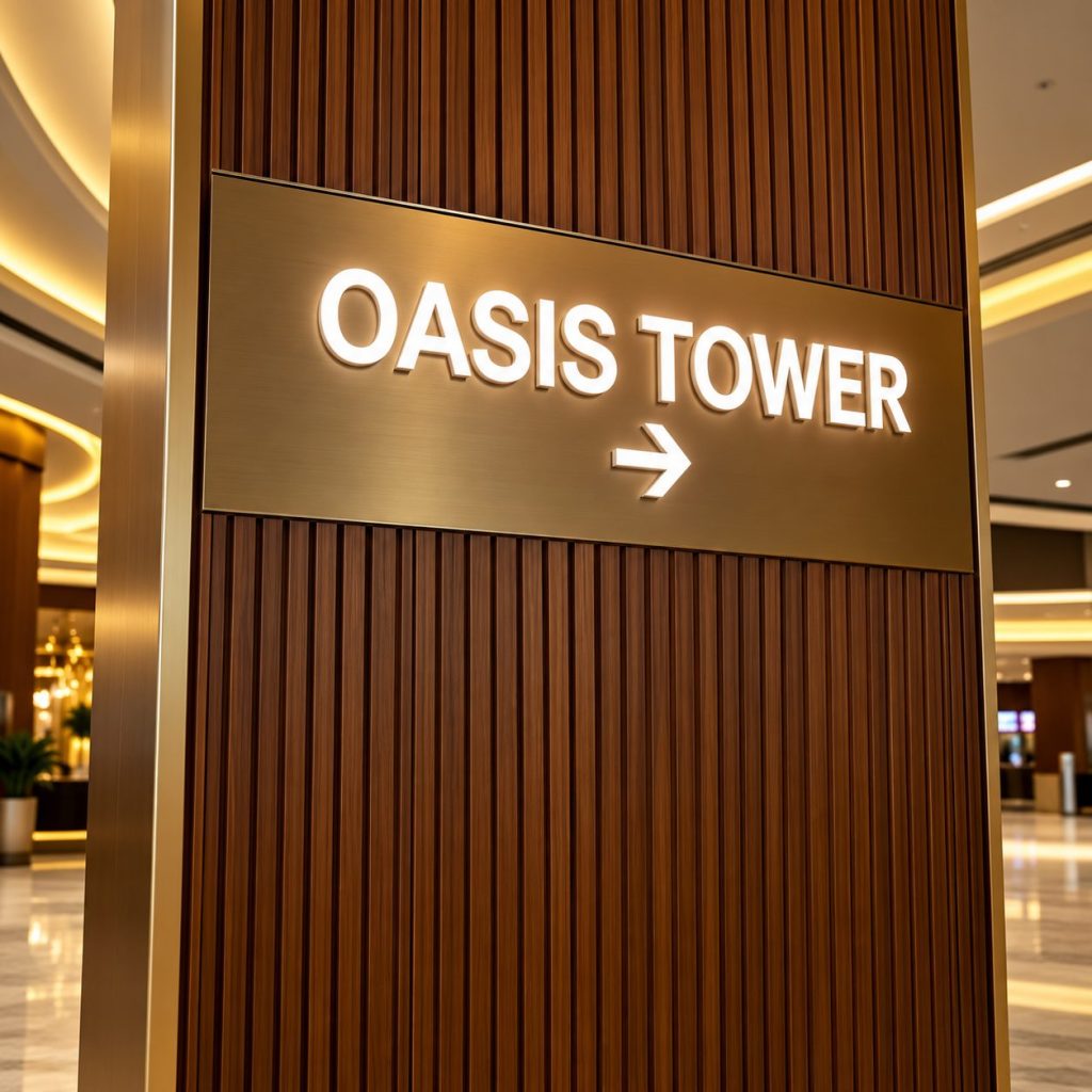 Oasis Tower wayfinding sign with push-through letters