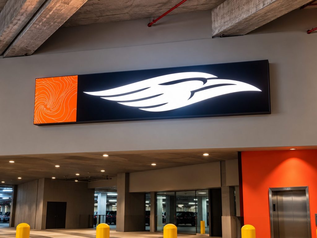 Illuminated hawk emblem sign in a parking garage