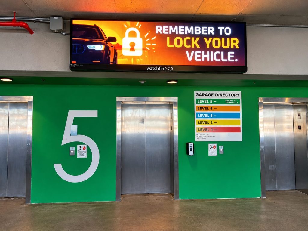 Electronic message center above a green garage elevator lobby