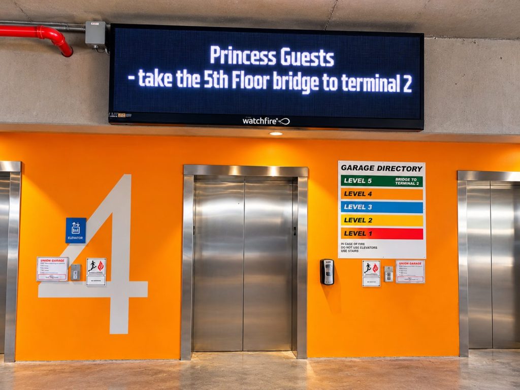 Electronic message center above an orange garage elevator lobby