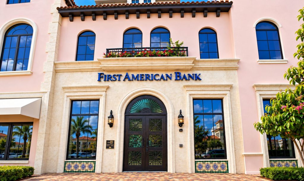 First American Bank building with blue lettering