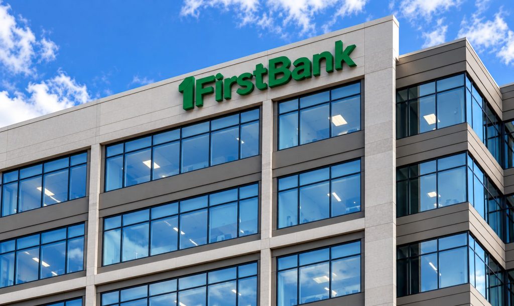 1FirstBank facade with channel letters under a blue sky