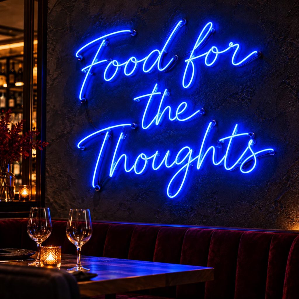 Cobalt blue neon sign reading Food for the Thoughts